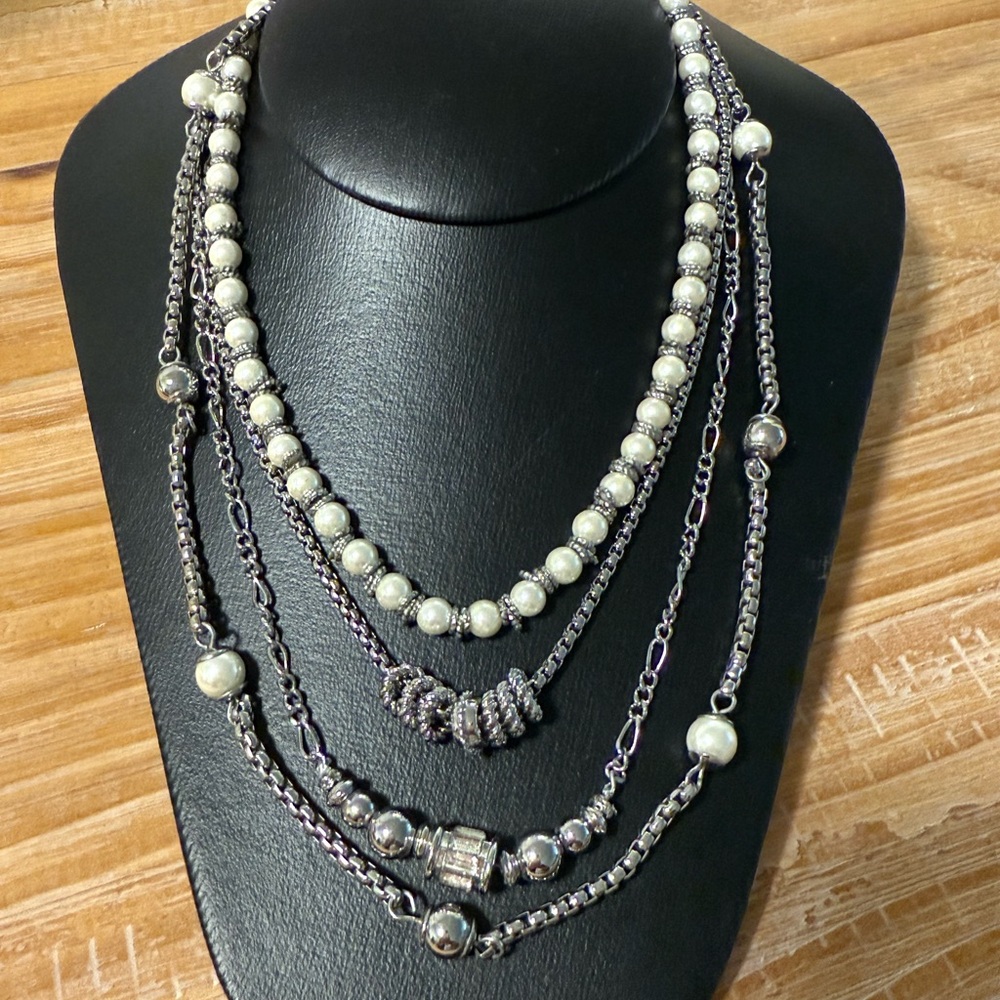 White House Black Market Silver and Pearl Layered Necklace